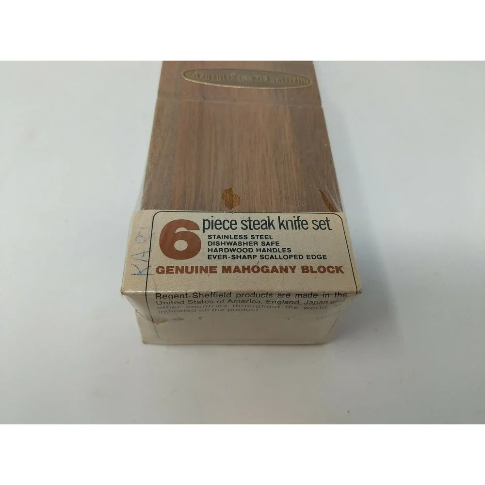 Vintage Regent & Sheffield 6 Piece Steak Knife Set w/ Genuine Mahogany Block NOS